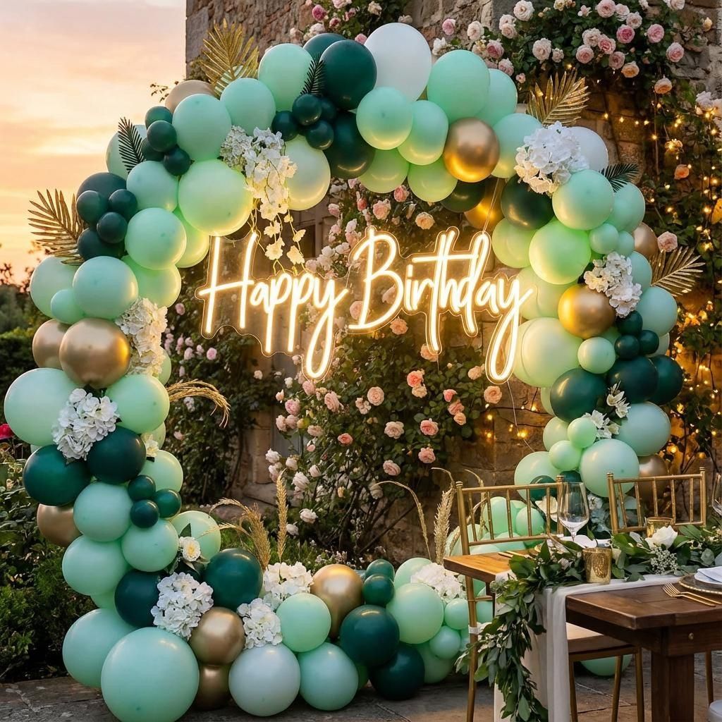 Decoración con globos y letrero de neón para celebración de cumpleaños