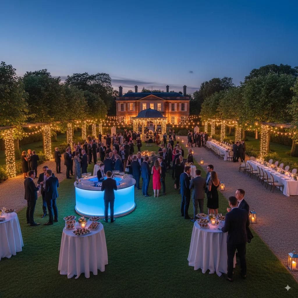Evento corporativo al aire libre con cóctel, barra iluminada y mesas de banquetería
