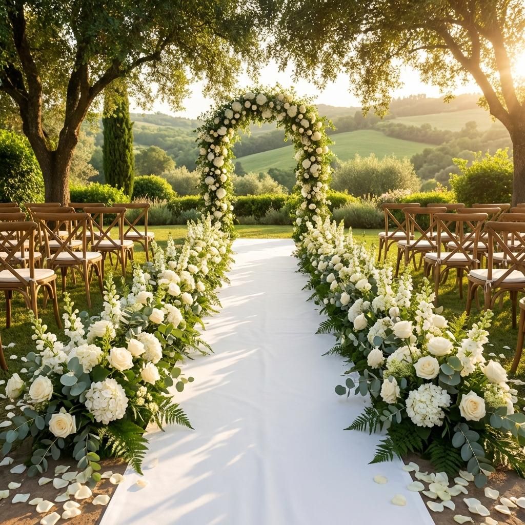 Matrimonio al aire libre con arco de flores blancas y pasillo de ceremonia