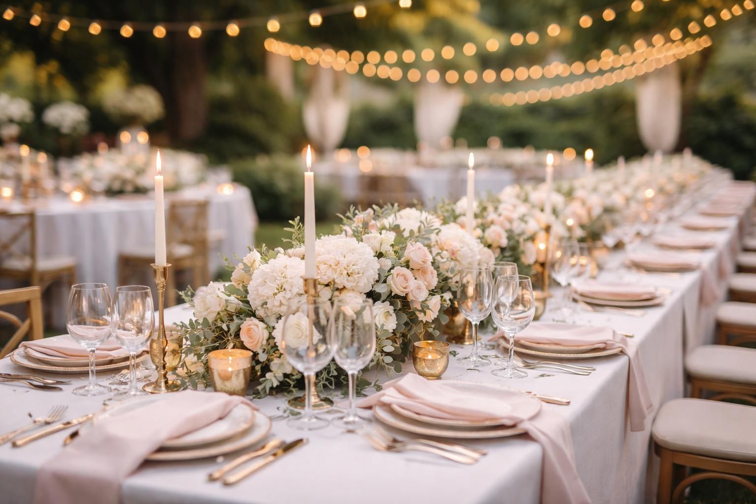 Mesa larga decorada con flores, velas y cubertería dorada para evento